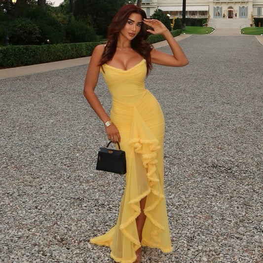 Irregular Ruffle Elegant Mesh Dress Yellow Long Dresses for Women