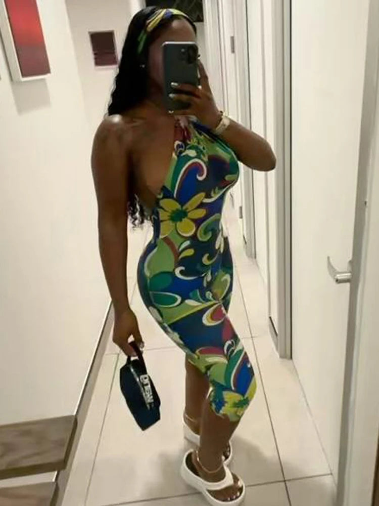 Midriff Muse Panelled Halter Backless & Bold One-Piece Romper
