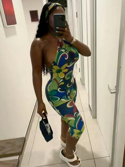 Midriff Muse Panelled Halter Backless & Bold One-Piece Romper