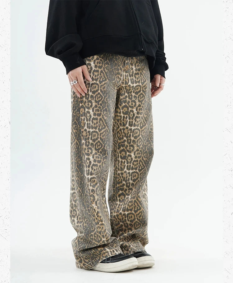 Vintage Leopard Print Jeans Women Spring Oversize Casual Hip Pop Wide Leg Trouser Trend High Waist Panther Denim Pants Ladies