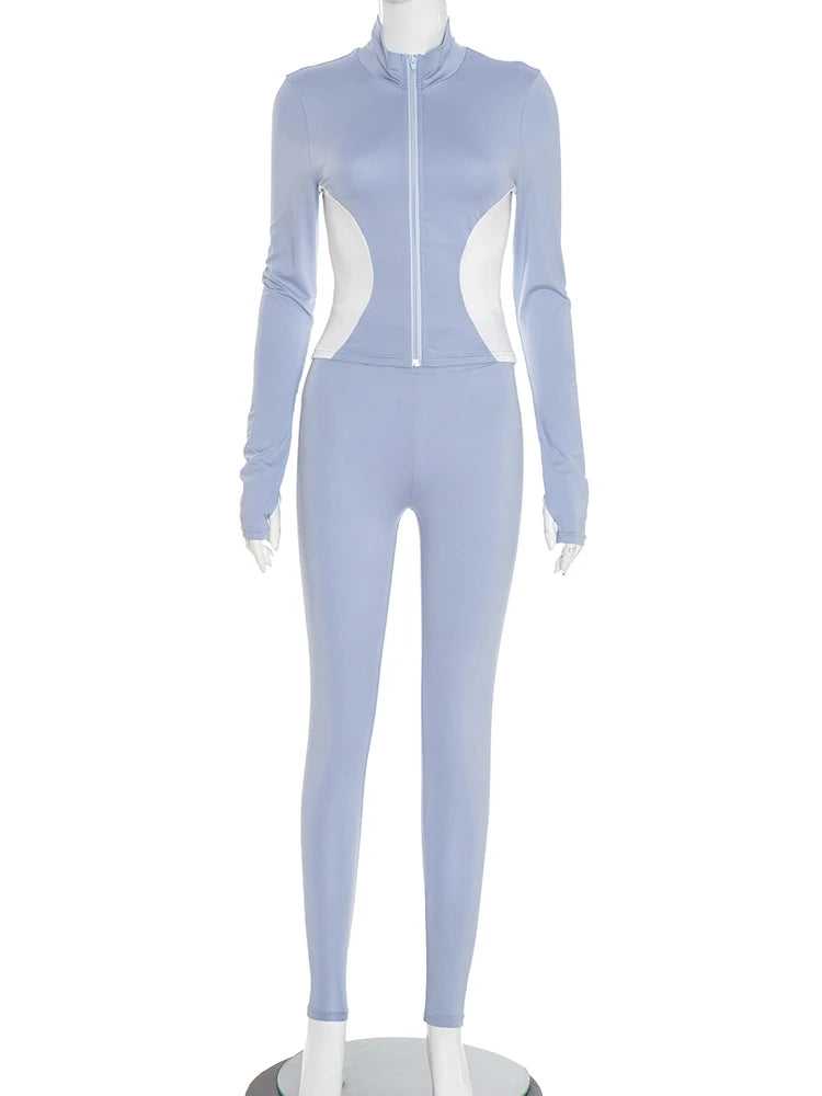 Weird Puss Contrast Patchwork 2 Piece Set Women Tracksuit Sporty Zip Full Sleeve Jacket+Skinny Leggings Daily Casual Streetwear