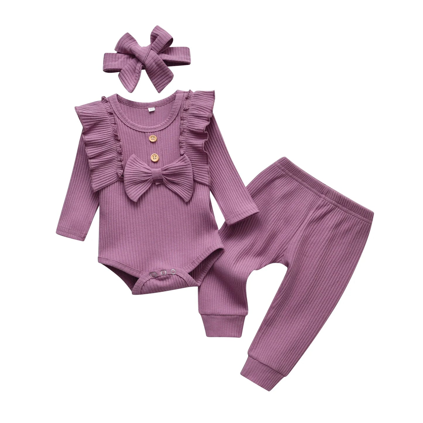 3pcs Newborn Baby Girl Casual Clothes Set Ruffles Knitted Long Sleeve Bodysuit + infant Pants + Headband Solid Color Outfits