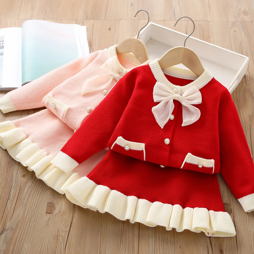 Autumn Dress Bow Korean Edition Children's Set Baby Foreigner Knitted Cardigan Set