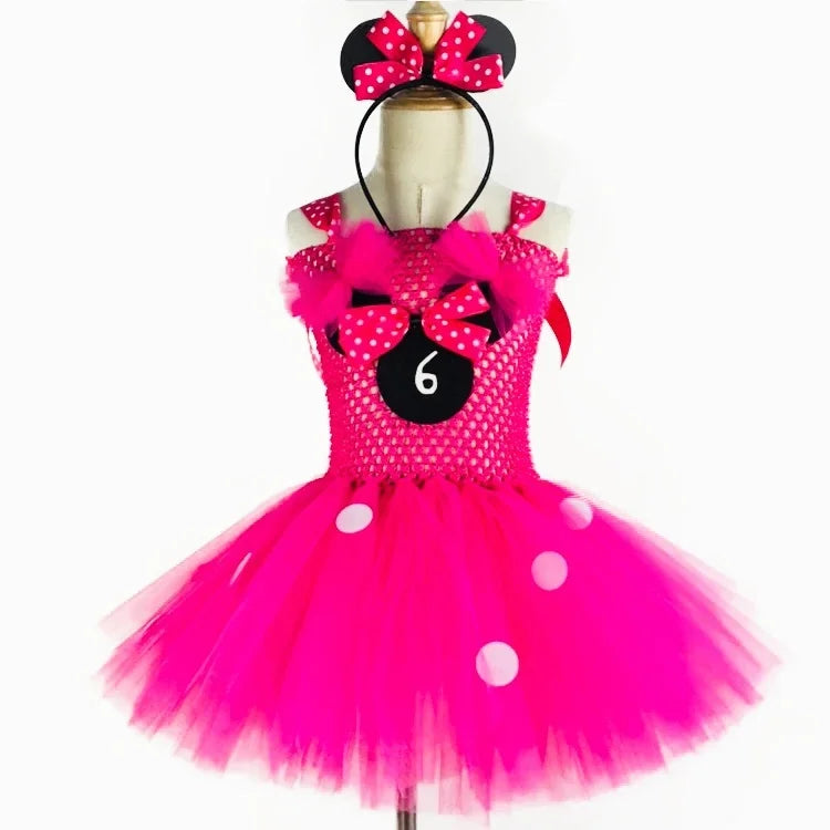 Cute Girls Pink Mickey Tutu Dress Baby Crochet Tulle Dress with White Dots and Hairbow Kids Birthday Party Cartoon Cosplay Dress