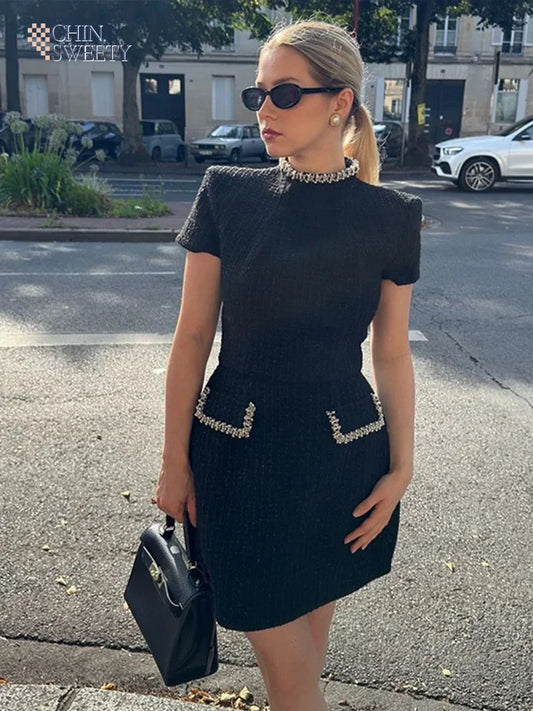 Women Elegant Square Collar Dress Slim Shoulder Pad High Waist Short Sleeve Dresses 2024 Autumn Commuting Office Style Vestidos
