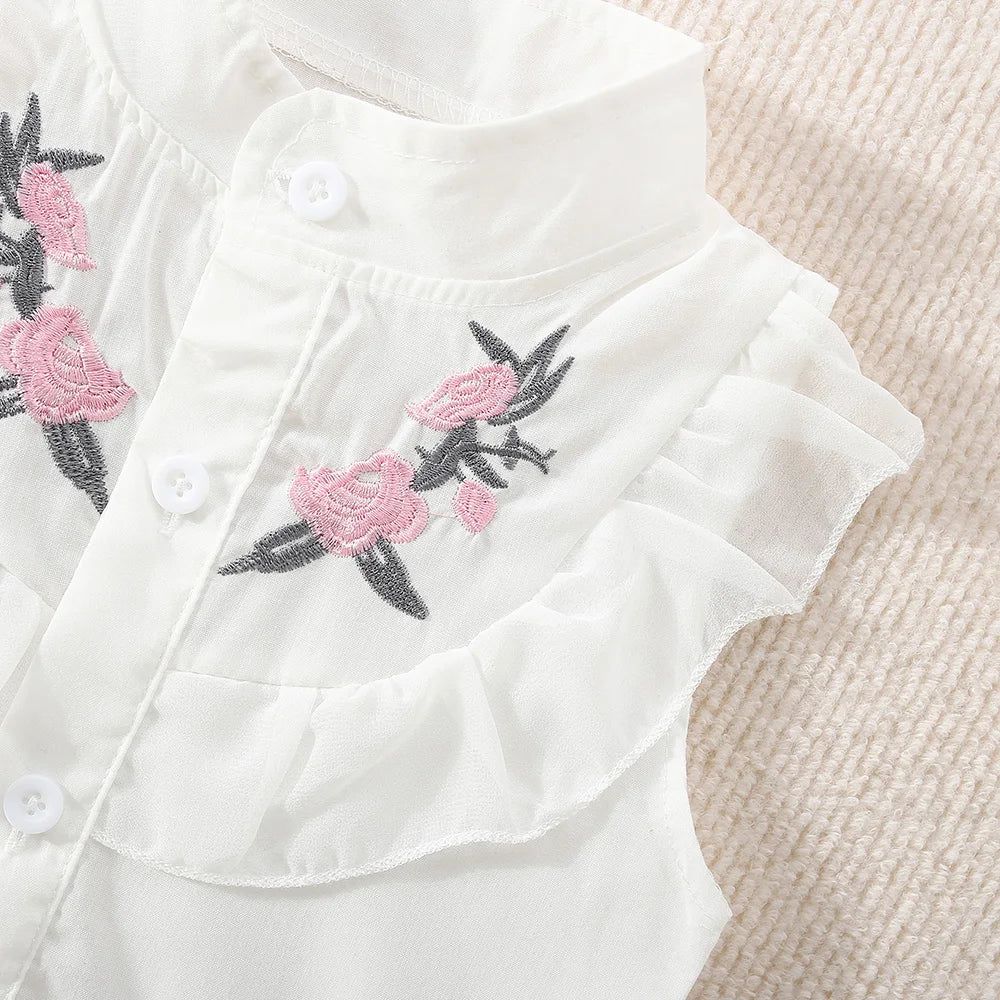 Baby Girl Cotton Flower Embroidery Sleeveless Top And Shorts Two-Piece Set Of Cute Girl Shirt Top And Sho