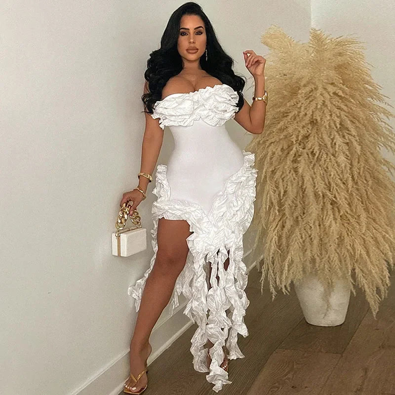 Elegant Ruffles Tassel Birthday Dress for Women 2024 Night Party Celebrity Irregular Strapless Sleeveless Evening Long Dresses