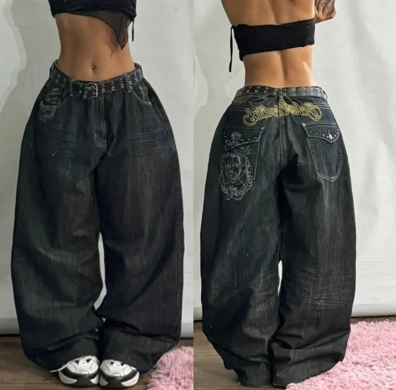 Streetwear Fashion New Letter Graphic Embroidery Baggy Jeans Women Y2K Gothic Harajuku Vintage Popular High Waist Wide Leg Pants