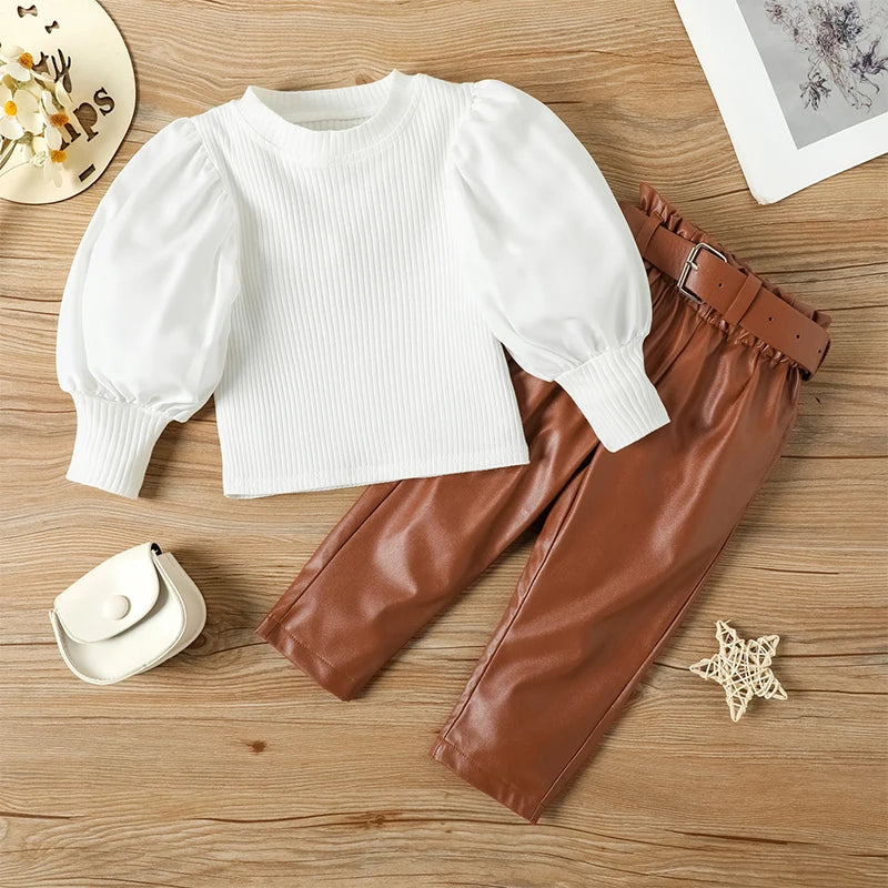 Kids Girls Clothing Set Long Puff Sleeve Ribbed Blouse Tops, PU Leather Pants with Belt