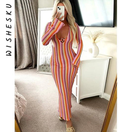 Waves & Whimsy – Elegant Vacation Maxi Dress with Flare Sleeves and Sultry V-Neckline