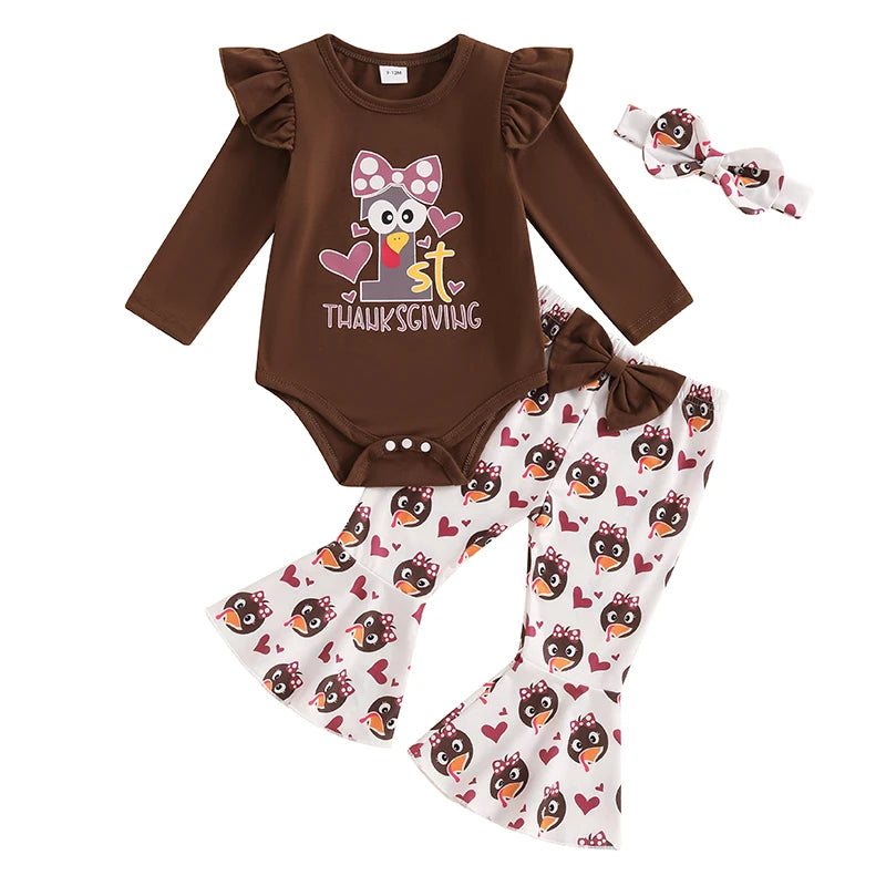 2024-05-20 Lioraitiin Baby Girl Thanksgiving Outfit, Turkey Print Long Sleeve Romper Flared Pants Bow Headband 3Pcs Set for Fall