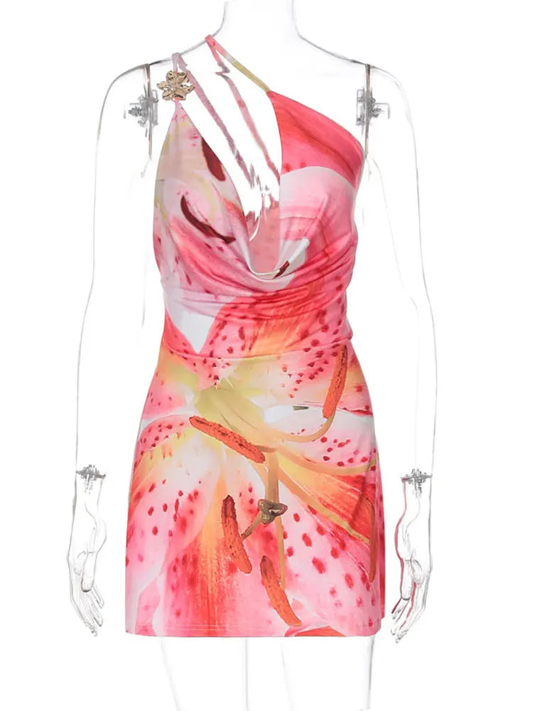 One-Shoulder Spaghetti Straps & Flirty Backless Style Bold Bloom Bodycon Mini Dress