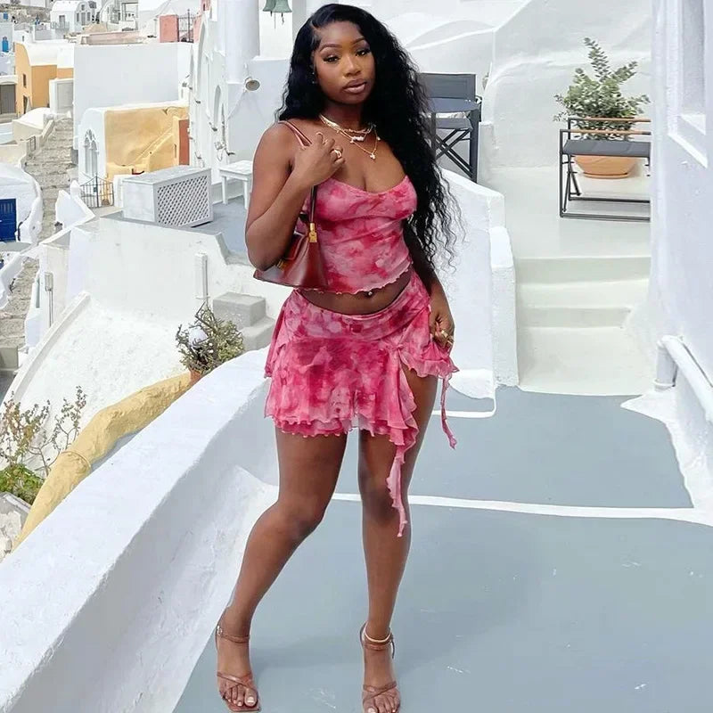 Ueteey Mesh Two Piece Skirt Sets Sexy Outfits Women Printed Camisole Vest + Ruffles Split Mini Skirts Suit Beach Vocation 2024