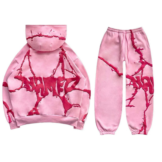 2024 European and American Cross border Autumn and Winter New Vintage Foam Printed Hoodie Thickened Loose Men's Set in Stock