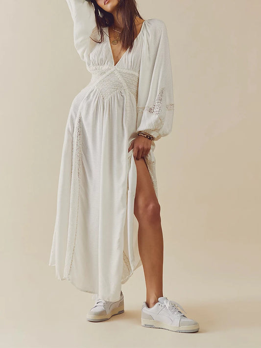Women Long Dress Long Sleeve Dress V-Neck Lace Patchwork Loose Swing Dress