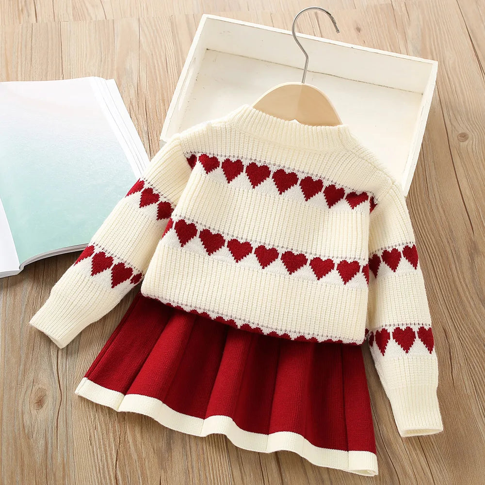 Girls Sweater Set 2024 Autumn/Winter New Korean Edition Western Love Girls Knitted Top+Pleated Skirt Knitted Two Piece Set