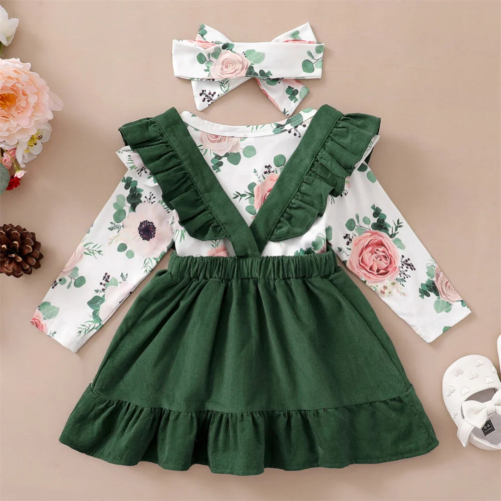 0-12Months Newborn Baby Girl 3PCS Clothes Set Floral Long Sleeve Top+Suspender Skirt+Headwear Fashion Spring&Autumn Daily Outfit