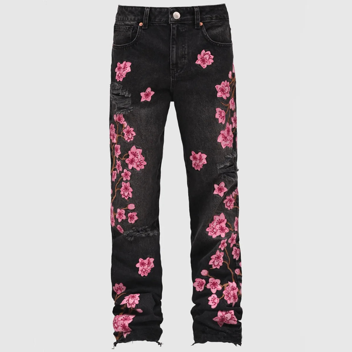 Men Ripped Holes Floral Patchworks Denim Pants Male's Fashion Clothes