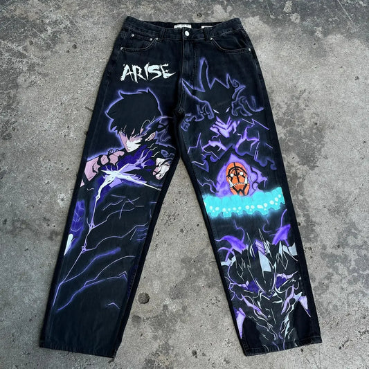 Harajuku Y2K Jeans for Men Anime Graphic Pants Streetwear 2024 New Women Japanese Style High Waist Jean wide leg Trouser