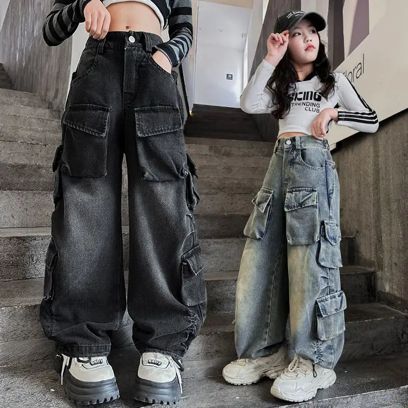 Cargo Jeans Elastic Waist Teenage Children Wide Leg Pants Design Streetwear