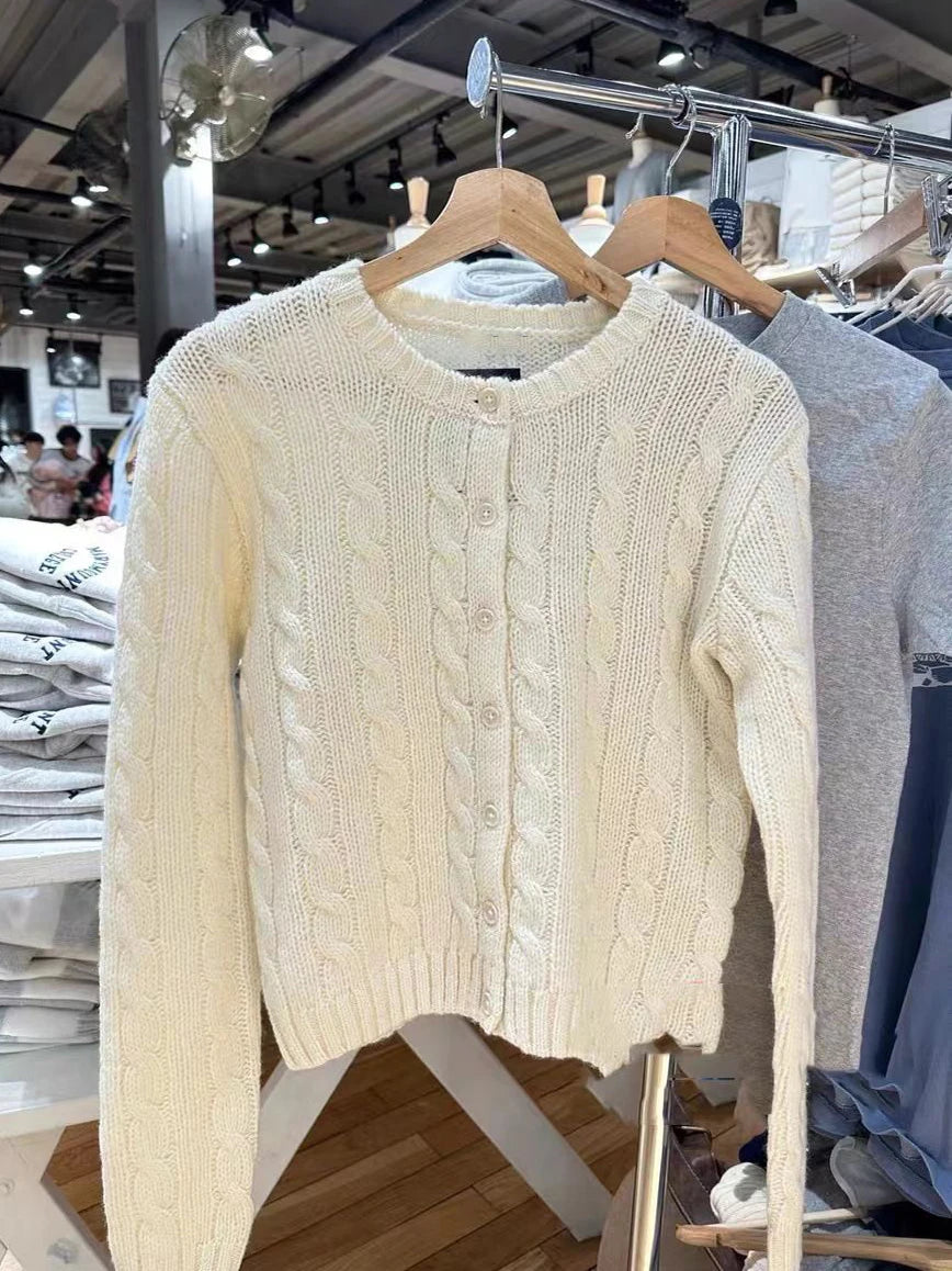 Twisted Flower Chic Cardigan Sweater Woman Round Neck Long Sleeve Single Breasted Cotton Outerwear Autumn Casual Loose Sweaters