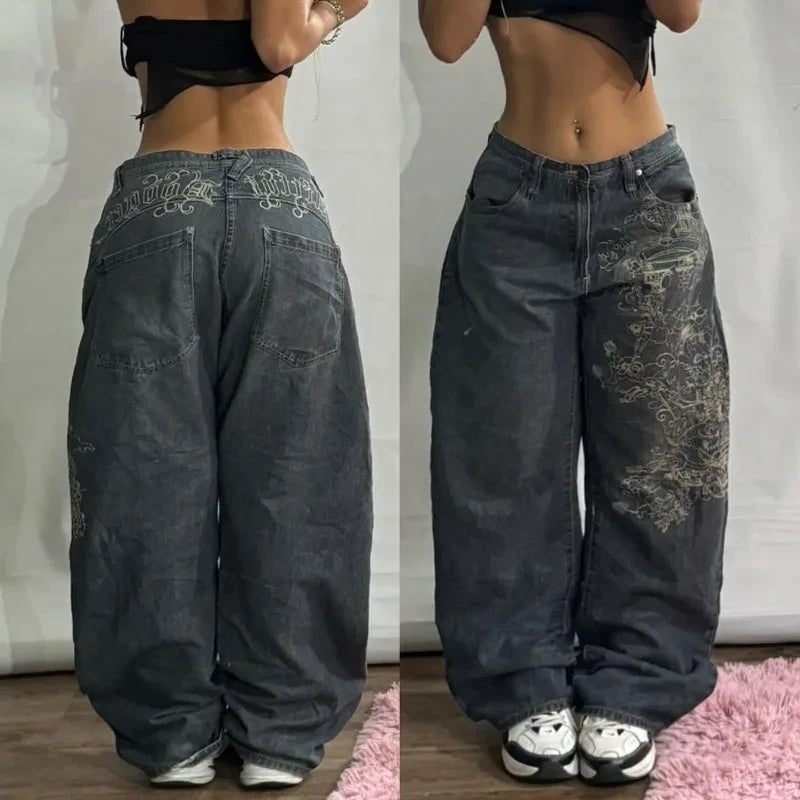 Streetwear Fashion New Letter Graphic Embroidery Baggy Jeans Women Y2K Gothic Harajuku Vintage Popular High Waist Wide Leg Pants