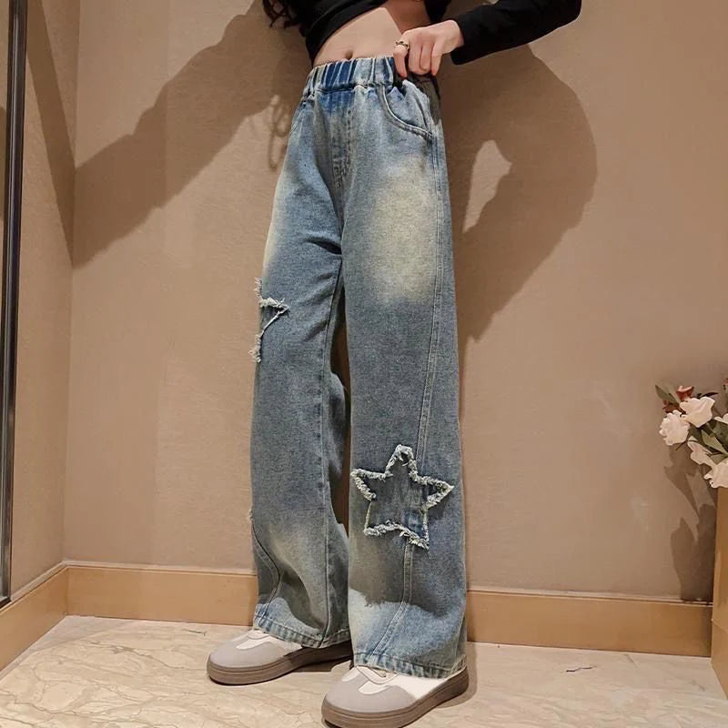 IENENS High Waist Jeans Girl Straight Loose Wide-leg Pants Spring and Autumn Korean Baggy Jeans Fashion Kids Denim Trousers