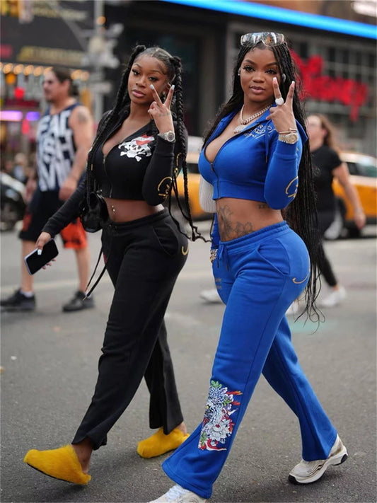 Aualay Y2k Black Printed Hoodies Sweatpant Party Club Clothing For Woman 2024 Spring Blue Graphic Bodycon 2 Two Piece Pants Sets