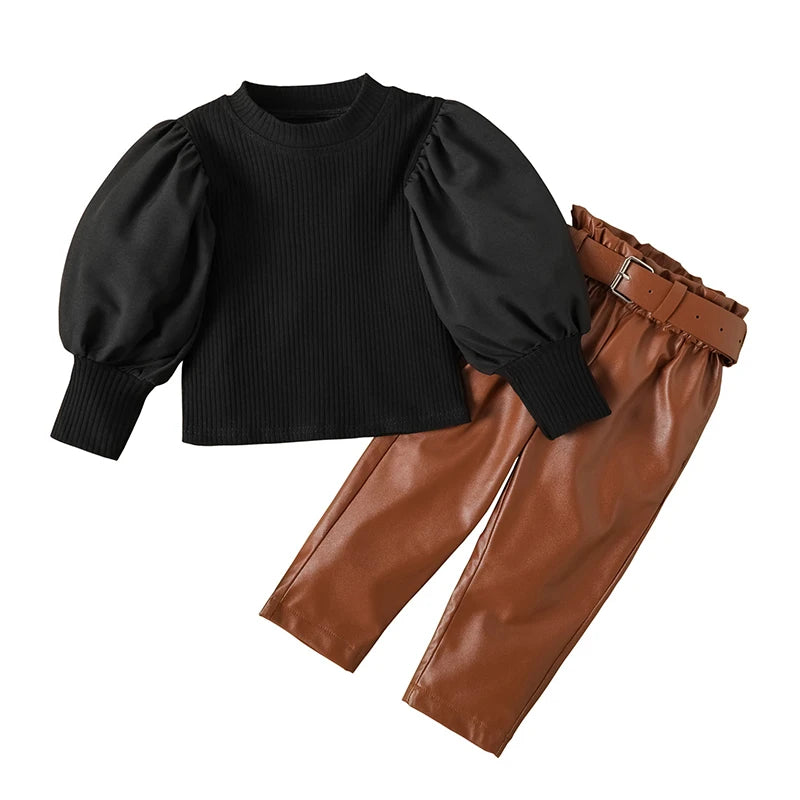 Kids Girls Clothing Set Long Puff Sleeve Ribbed Blouse Tops, PU Leather Pants with Belt