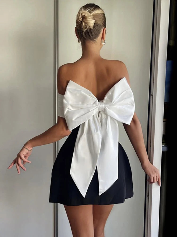 Elegant Bow Patchwork Lady Robes Slash Neck Backless  A-line Mini Dresses Female