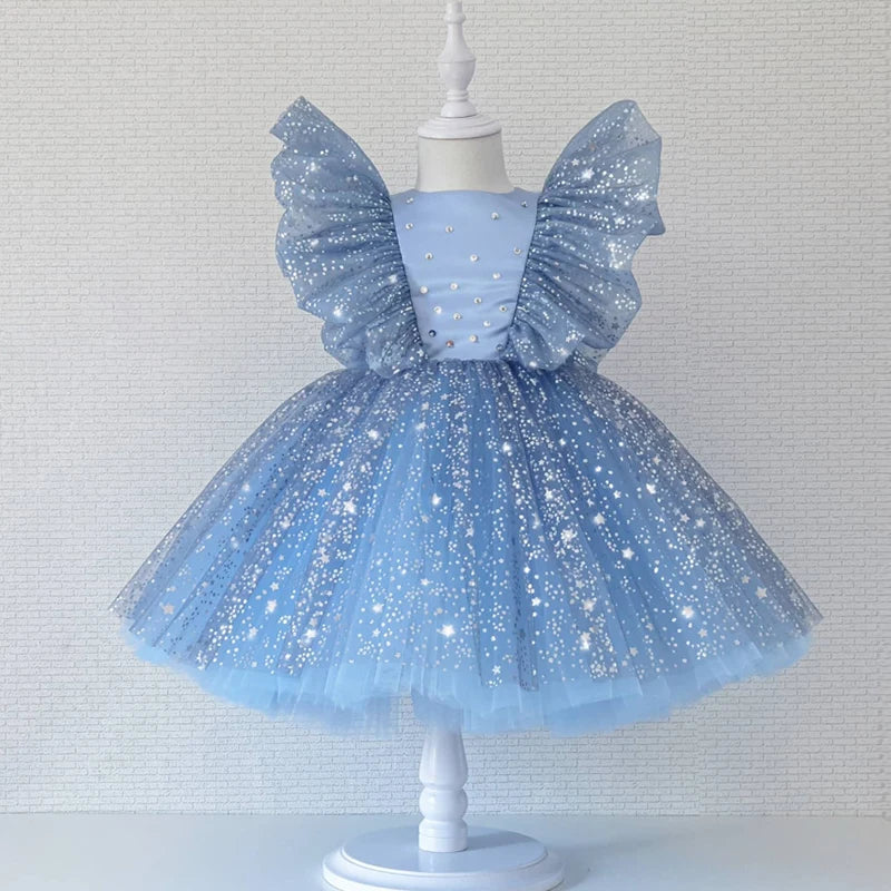 Fly Sleeve Wedding Birthday Dresses For Girls 0-5 Years Party Lace Tutu Christening Gown Kids Children Pageant Clothes