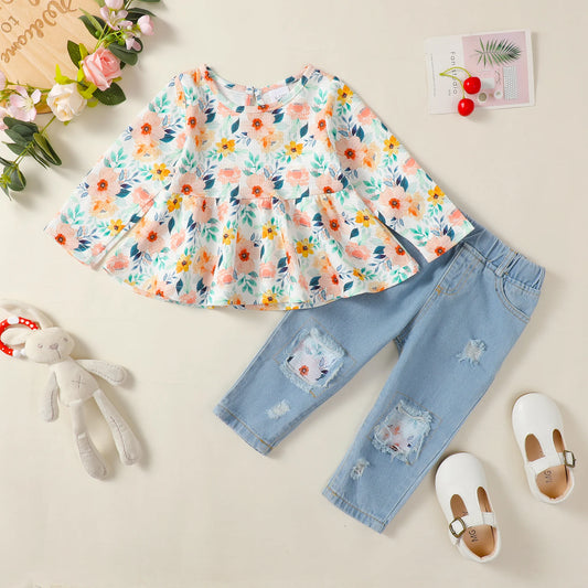 Toddler Girl Fashion 2Pcs Clothing Set Long Sleeve Floral Blouse+Ripped Holes Jeans Spring&Autumn All Match Suit