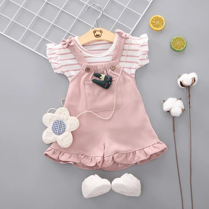 2pcs Cute Toddler Baby Girl T-shirt+Suspender Shorts Outing Clothes New Fashion Bay Sets Suits (No Shoes No Bag)