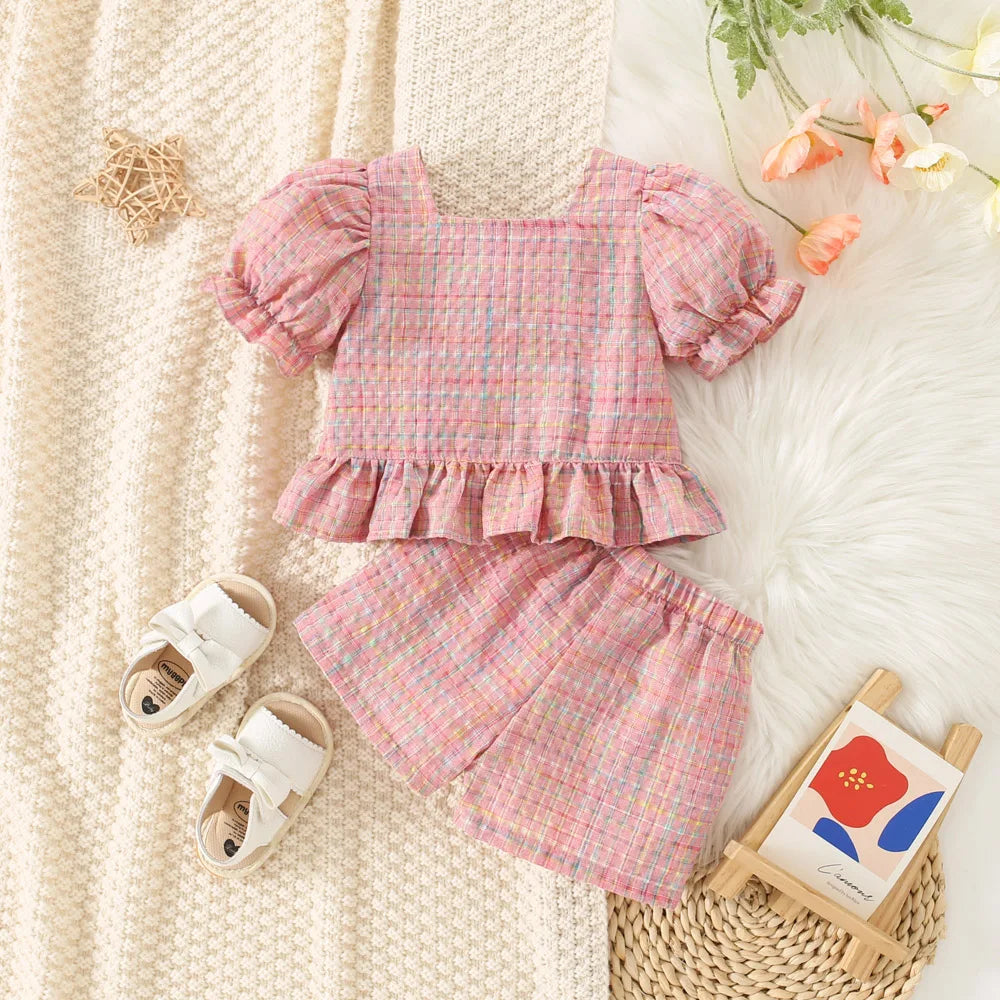 Baby Girl Cotton Color Plaid Bubble Sleeve Top And Shorts Set Cute Princess Style Two-Piece Set For Girls