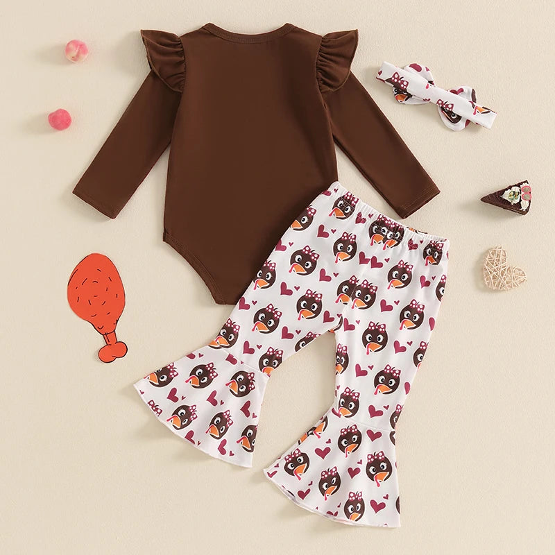 2024-05-20 Lioraitiin Baby Girl Thanksgiving Outfit, Turkey Print Long Sleeve Romper Flared Pants Bow Headband 3Pcs Set for Fall