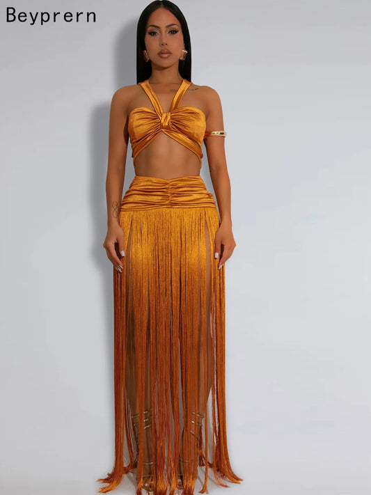 Golden Mirage Fringed Skirt Co-Ord