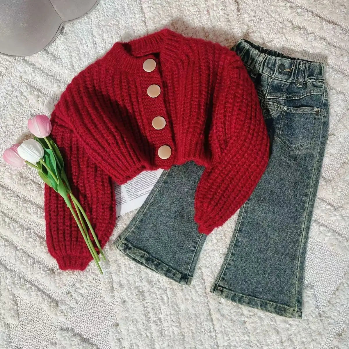 Girl Red Cardigan Coat+Jeans Set