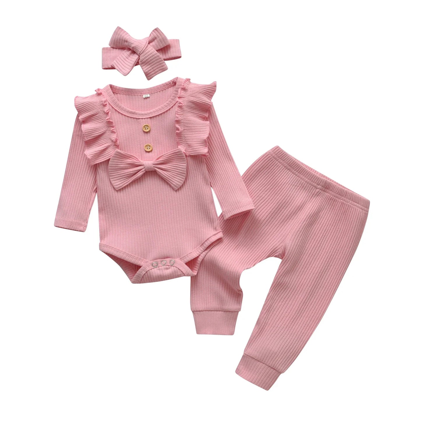 3pcs Newborn Baby Girl Casual Clothes Set Ruffles Knitted Long Sleeve Bodysuit + infant Pants + Headband Solid Color Outfits