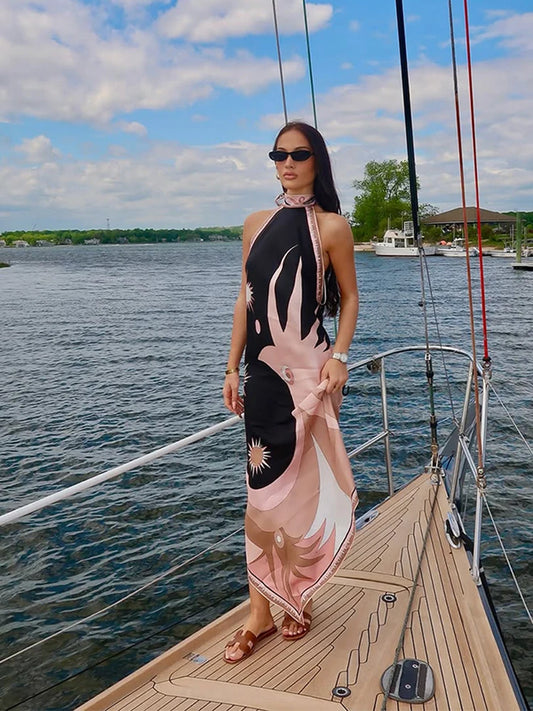 Lace Allure Printed Halter Backless Maxi Dress