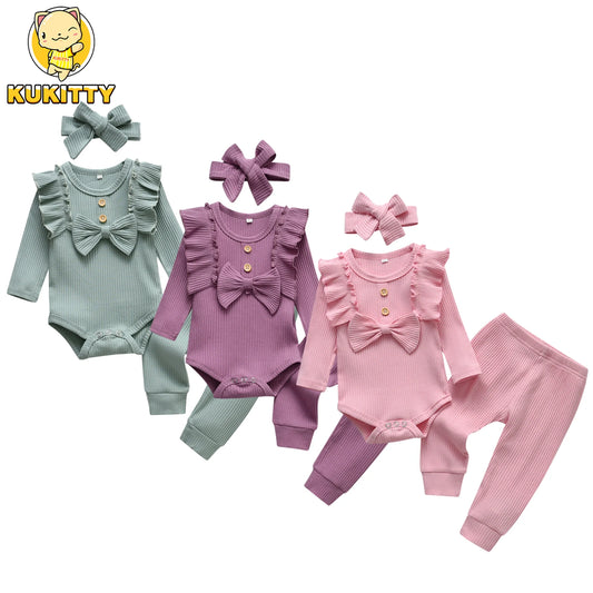 3pcs Newborn Baby Girl Casual Clothes Set Ruffles Knitted Long Sleeve Bodysuit + infant Pants + Headband Solid Color Outfits