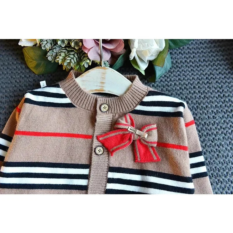 Baby Girl Clothes Set Autumn Winter New Fashion Striped Sweater Suit Cute Bow Knitted