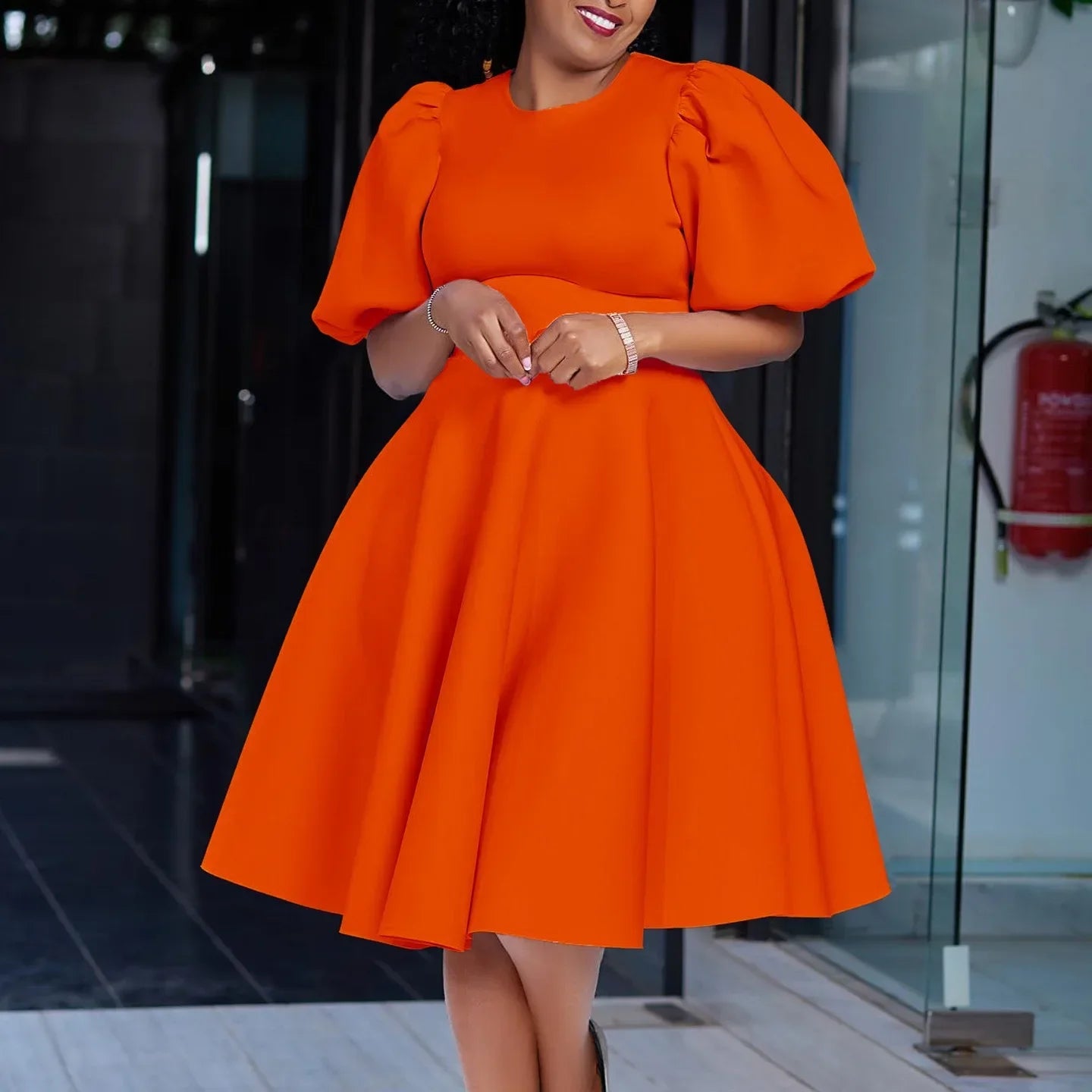 Elegant O Neck Short Sleeve High Waisted Pleated Mid Calf Luxury Dress