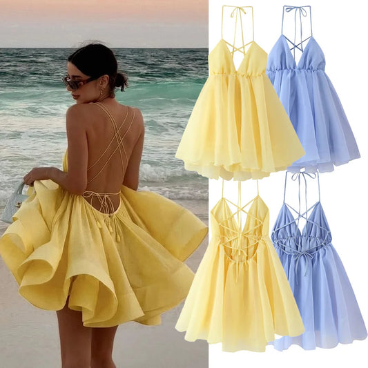 Airy Pleated Hem Sleeveless Backless Lace-Up Mini Dress