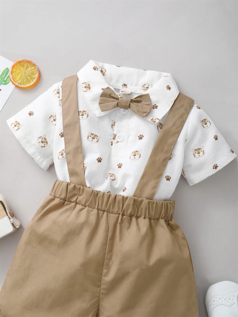 2PCS Infant Boy Clothes Set Tiger Print Short Sleeve with Bow+Strap Shorts Casual Party Birthday Suit for Toddler Boy 0-2 Years