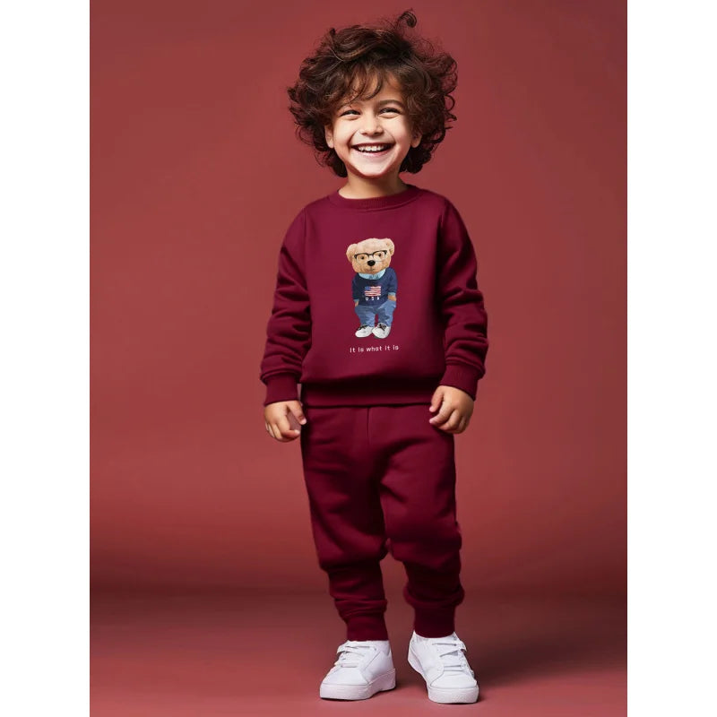 Boys round neck long sleeved hoodie set with cartoon glasses