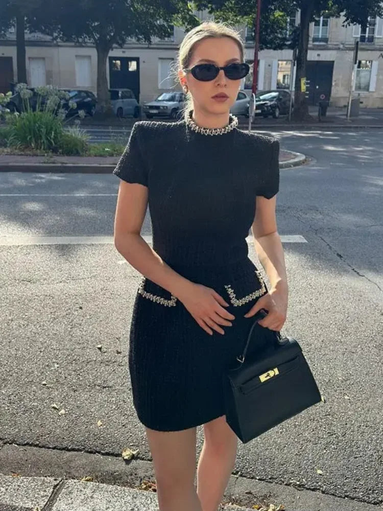 Women Elegant Square Collar Dress Slim Shoulder Pad High Waist Short Sleeve Dresses 2024 Autumn Commuting Office Style Vestidos