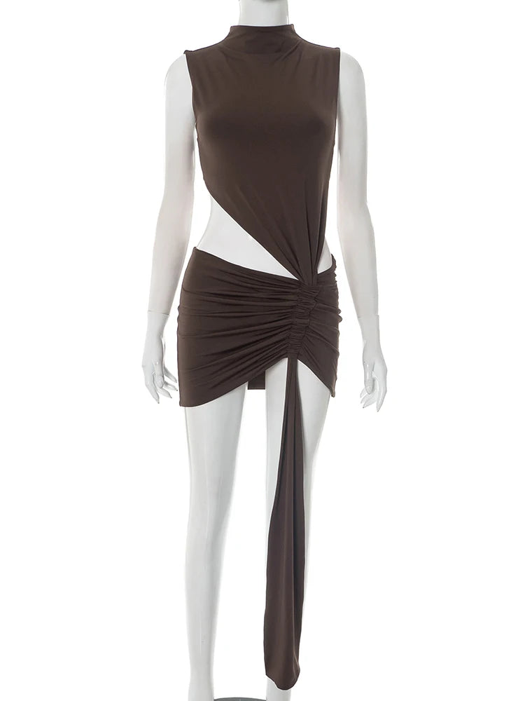 Brown Siren Ruched Tassel Hollow Bodycon Mini Dress