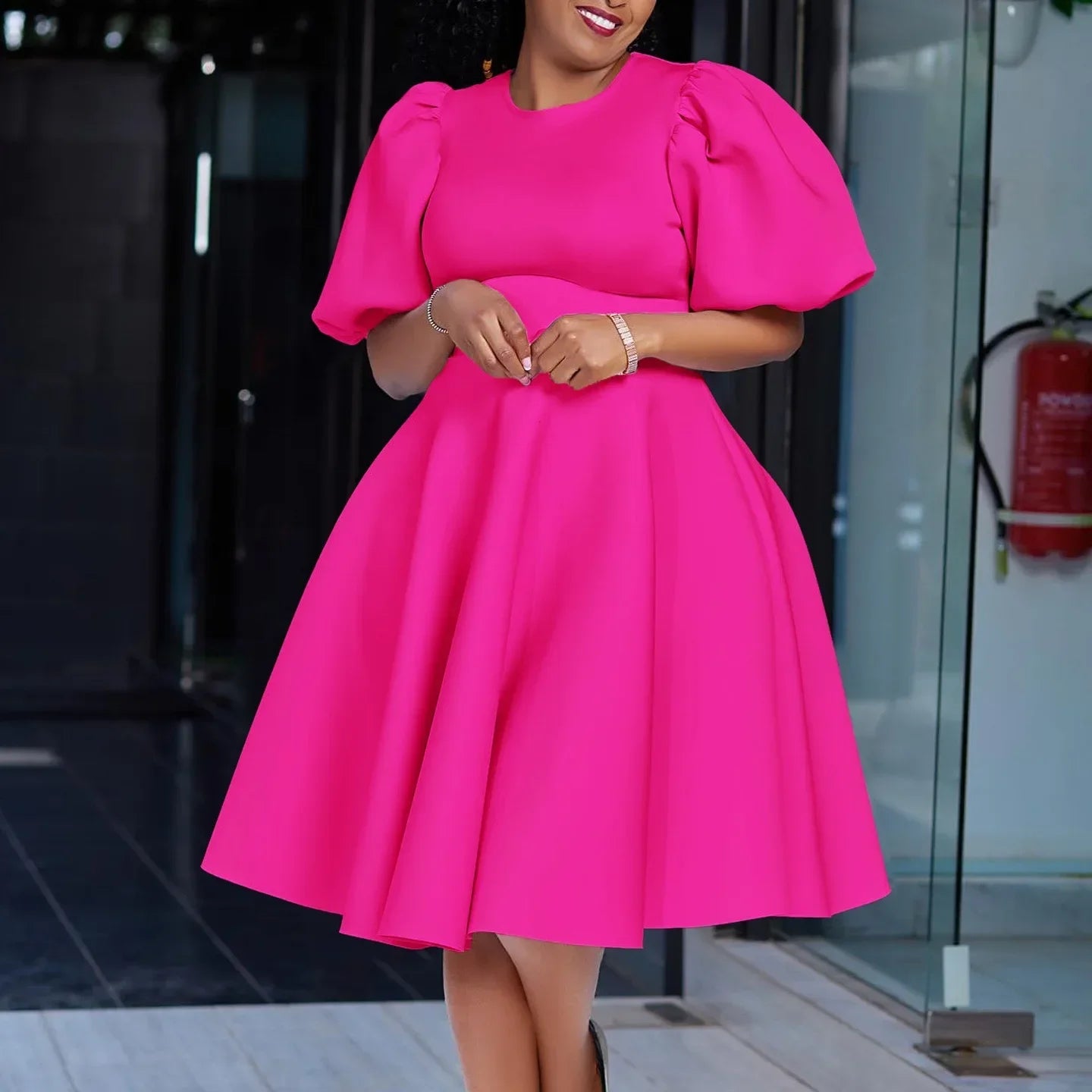 Elegant O Neck Short Sleeve High Waisted Pleated Mid Calf Luxury Dress