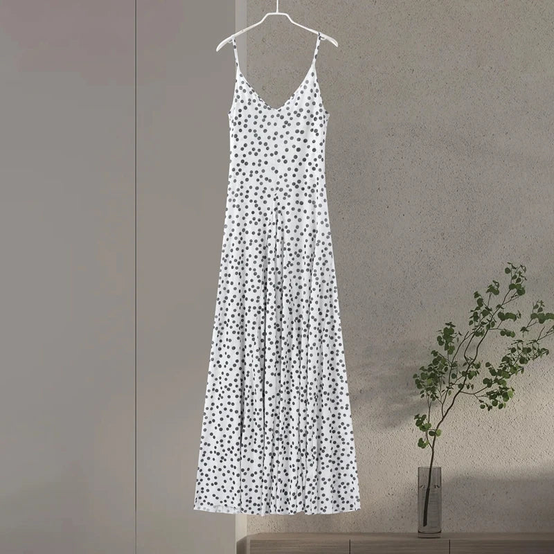 Polka Dot & Black  Sling Dress V Neck Sleeveless Backless Dress