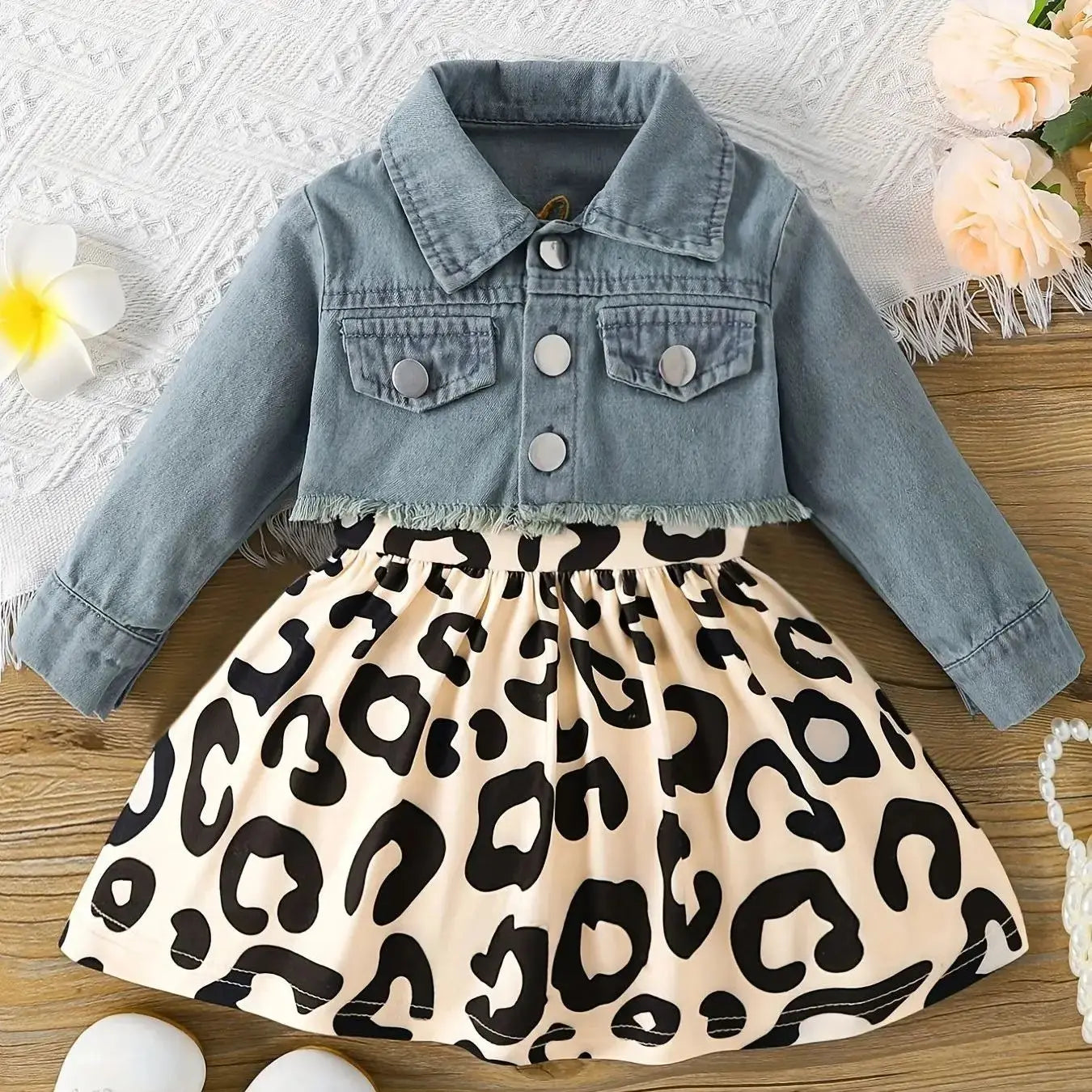 0-2 Years Old Summer New Baby Girl Spring And Autumn Sleeveless Fawn Print Dress Denim Embroidery Long Sleeve Jacket